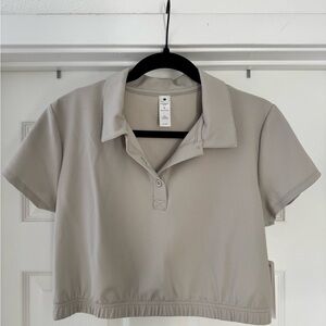Yogalicious Waffle Jane Crop Polo Top L Grey Short Sleeve Activewear Athleisure